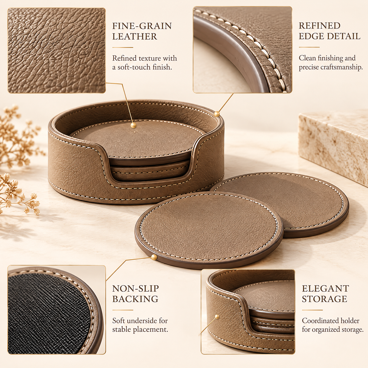 Melvariq™ Leather-Style Coaster Set with Holder